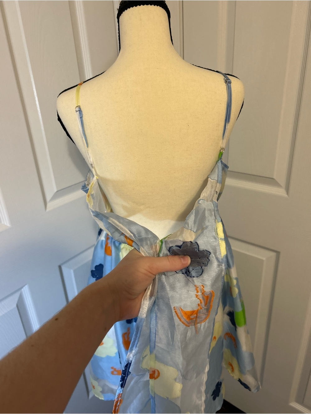 Entro Floral Organza Mini Dress Blue Yellow Tie Back Watercolor Boutique Sz L - Picture 11 of 12